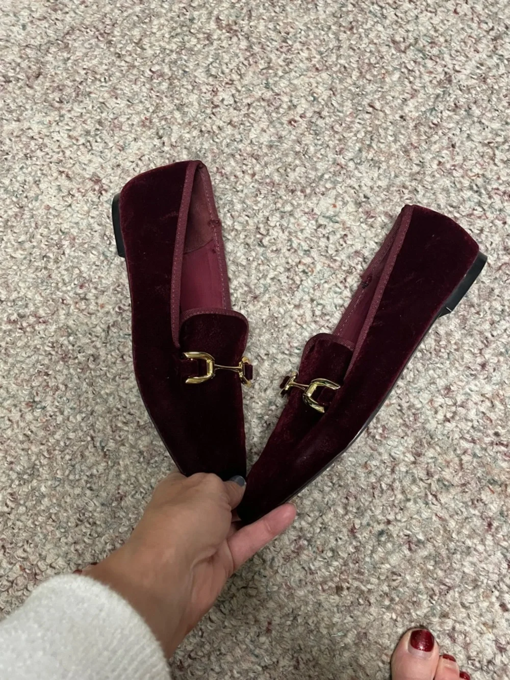 Zara Velvet Slip-On flat Loafers with Gold Bit - Burgundy - Picture 5 of 7